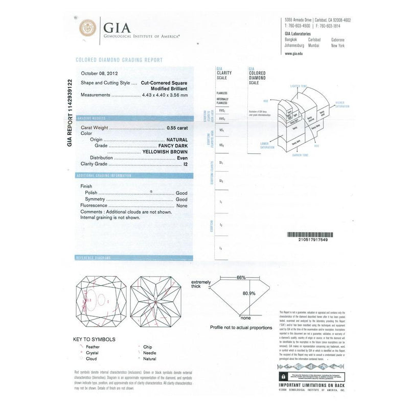 0.55 Cts Natural Fancy Brown Diamond I2 Quality Cut-Cornered Square  Modified Brilliant Cut