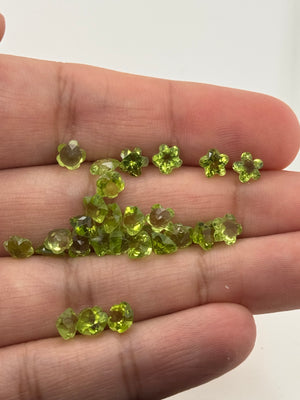 Natural Loose Peridot 5.5mm Fancy Flower Cut Gemstones, Slightly Included, 27 Pieces - 20.30 Carats, Unique Green Gemstones