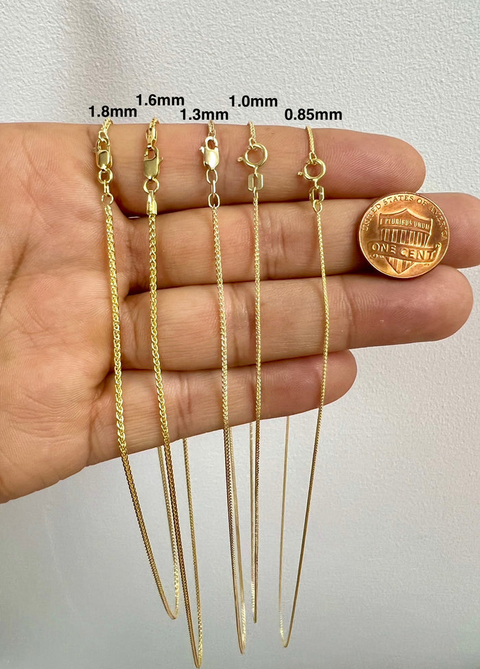 14k Yellow Gold Wheat Chain 18 Inches, Round Wheat Necklace, 0.85mm - 1.80mm Thickness, Solid Gold Chain for Pendants, Delicate Gold Chain