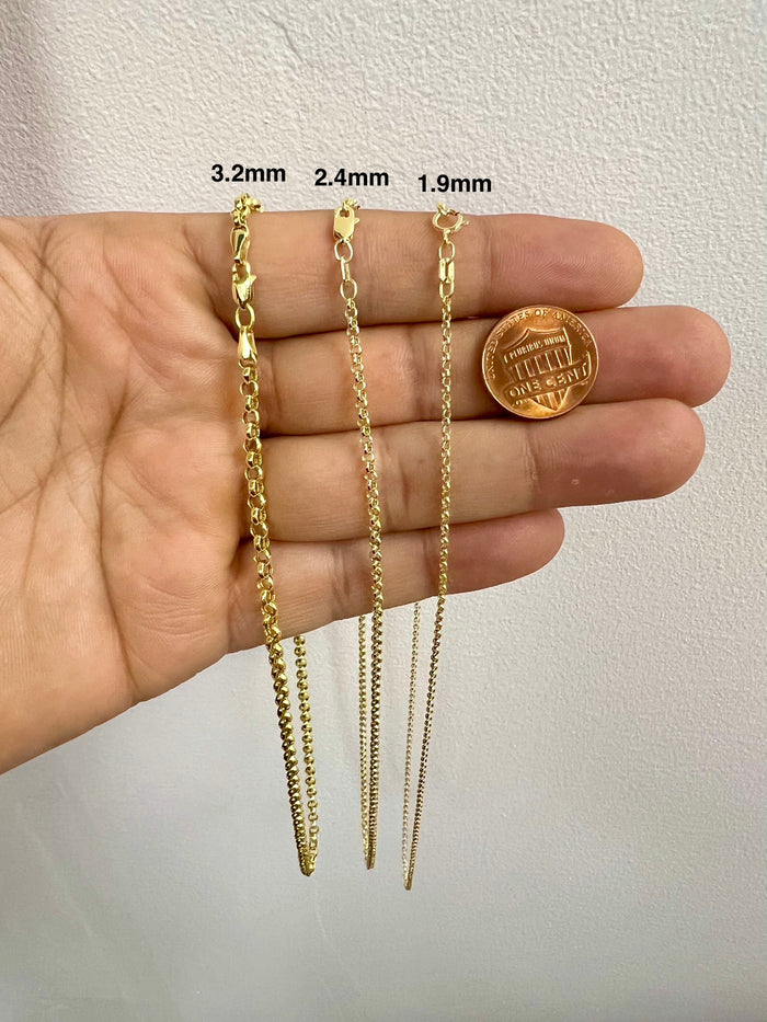 14k Yellow Gold Rolo Chain, Solid Gold Chain Necklace 18 Inches, 1.9mm - 3.2mm Thick, 14k Gold Rolo Link Chain, Gold Necklace for Pendants