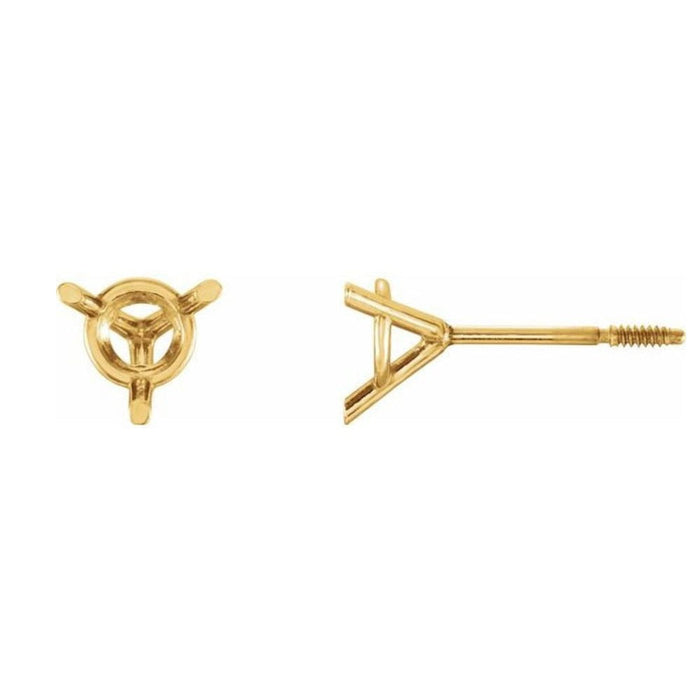 14K Gold Round 3-Prong Cocktail-Style Baby Earring Mounting Available in 2.5mm - 4.5mm